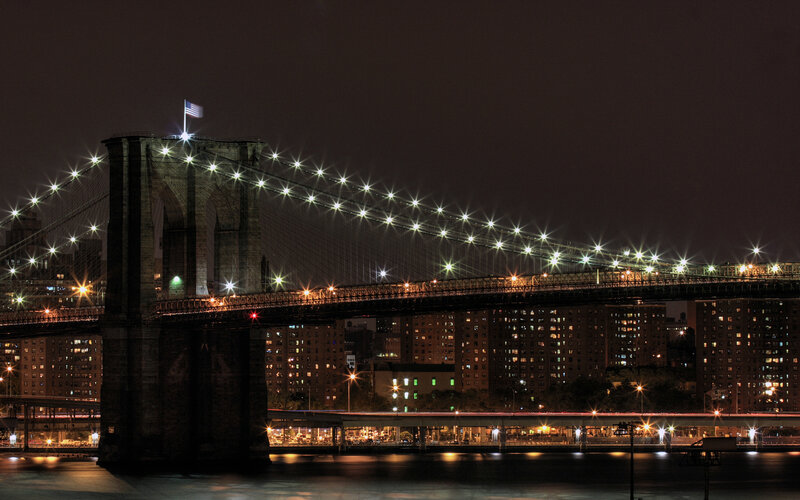 Brooklyn Bridge at Night — Black, Dramatic, Photograph, City Skyline, American Flag, River, Yellow, Green