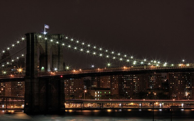 Brooklyn Bridge at Night — Black, Dramatic, Photograph, City Skyline, American Flag