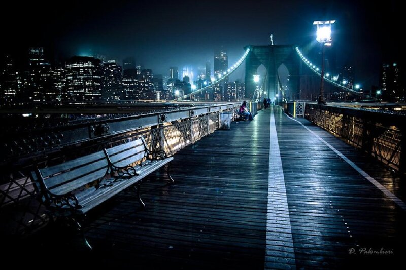 Brooklyn Bridge at Night — Black, Dramatic, Photograph, City Skyline, Bench