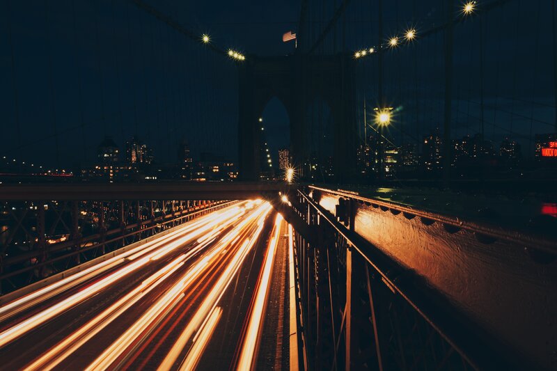 Brooklyn Bridge at Night — Black, Dramatic, Photograph, City Skyline, Car Lights