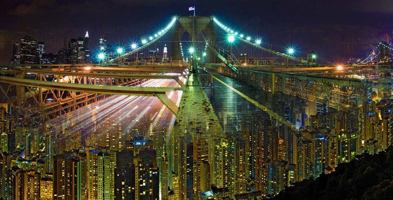 Brooklyn Bridge at Night — Black, Dramatic, Photograph, City Skyline, Light Trails, Skyscrapers