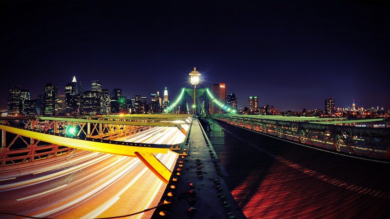 Brooklyn Bridge at Night — Black, Dramatic, Photograph, City Skyline, Light Trails, Street Lamp, Yellow
