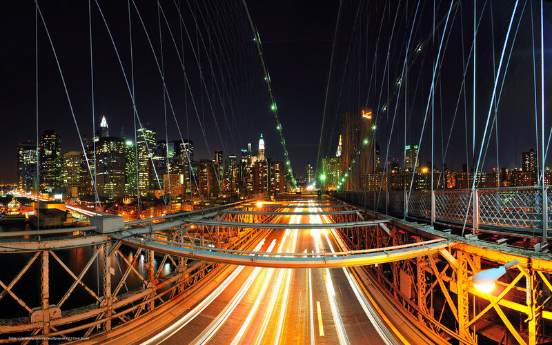 Brooklyn Bridge at Night — Black, Dramatic, Photograph, City Skyline, Light Trails