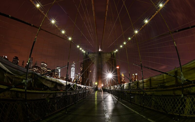 Brooklyn Bridge at Night — Black, Dramatic, Photograph, City Skyline, Lights, Cables