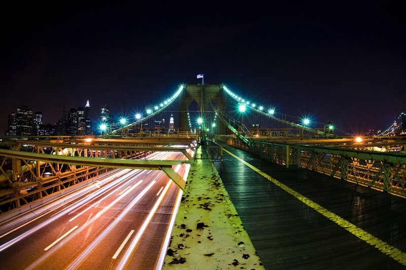 Brooklyn Bridge at Night — Black, Dramatic, Photograph, City Skyline, Lights