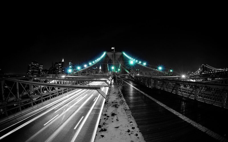 Brooklyn Bridge at Night — Black, Dramatic, Photograph, City Skyline, Lights, Traffic