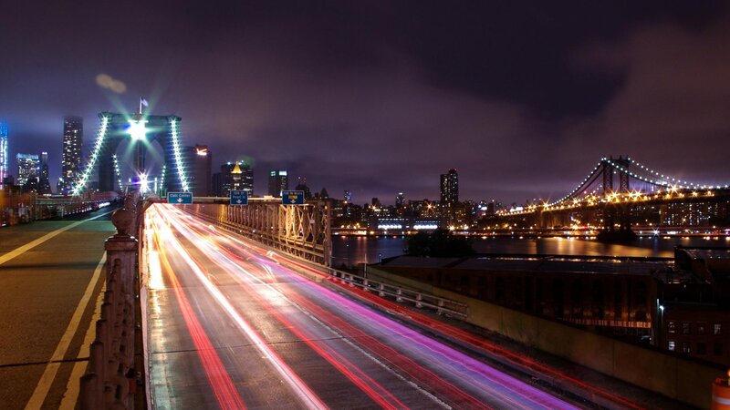 Brooklyn Bridge at Night — Black, Dramatic, Photograph, City Skyline, Manhattan Bridge, Light Trails