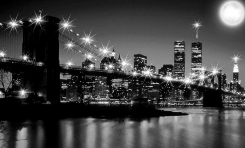 Brooklyn Bridge at Night — Black, Dramatic, Photograph, City Skyline, Moon
