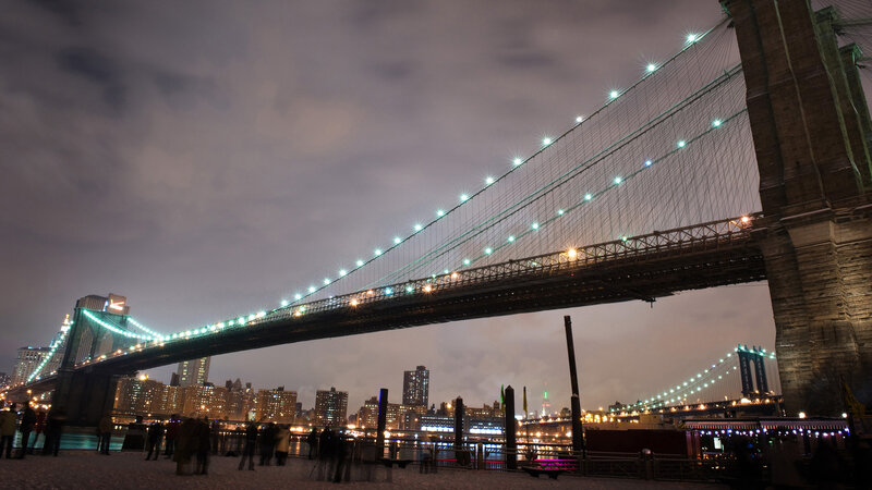 Brooklyn Bridge at Night — Black, Dramatic, Photograph, City Skyline, People, River, White, Blue