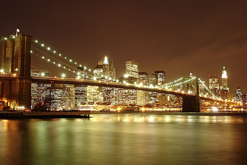Brooklyn Bridge at Night — Black, Dramatic, Photograph, City Skyline, River, Buildings, Yellow, White