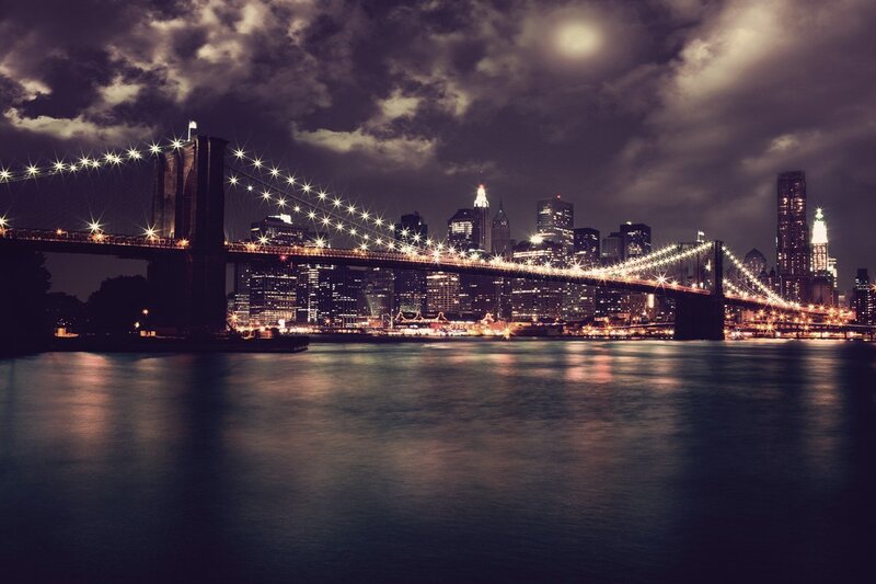 Brooklyn Bridge at Night — Black, Dramatic, Photograph, City Skyline, River, Clouds