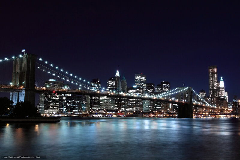 Brooklyn Bridge at Night — Black, Dramatic, Photograph, City Skyline, River, Skyscrapers