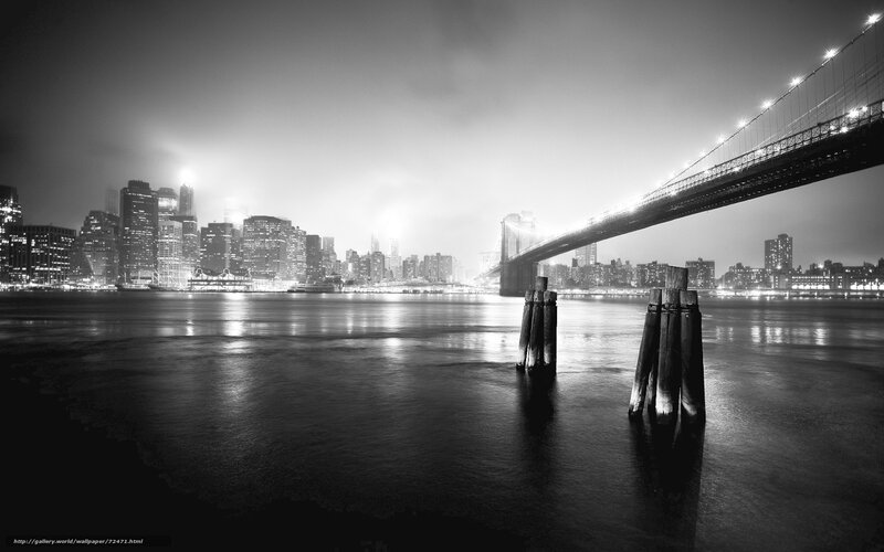 Brooklyn Bridge at Night — Black, Dramatic, Photograph, City Skyline, River