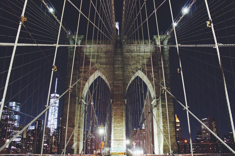 Brooklyn Bridge at Night — Black, Dramatic, Photograph, City Skyline, Skyscrapers