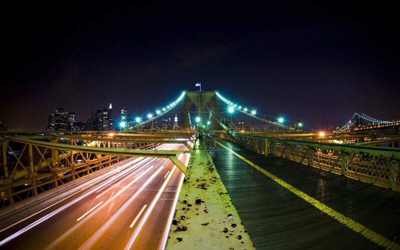 Brooklyn Bridge at Night — Black, Dramatic, Photograph, City Skyline, Traffic Lights, Flag