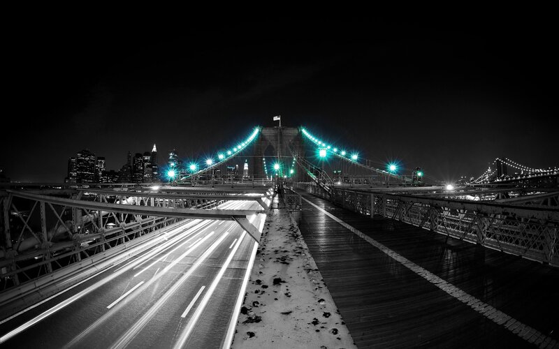 Brooklyn Bridge at Night — Black, Dramatic, Photograph, City Skyline, Traffic Lights