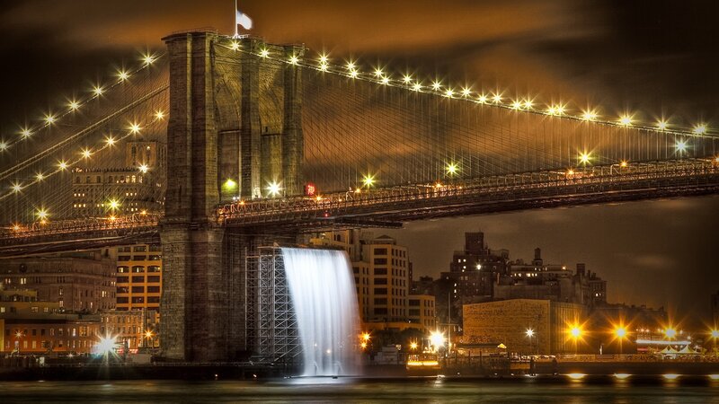 Brooklyn Bridge at Night — Black, Dramatic, Photograph, City Skyline, Waterfall, Scaffold
