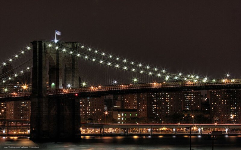 Brooklyn Bridge at Night — Black, Dramatic, Photograph, Flag