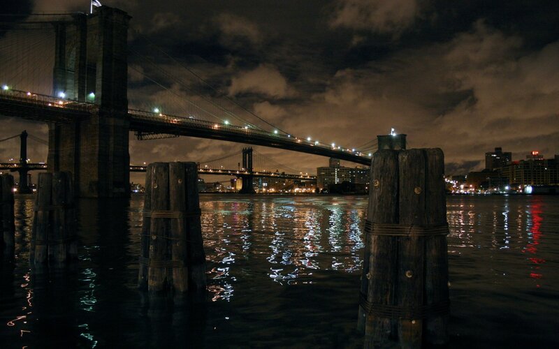 Brooklyn Bridge at Night — Black, Dramatic, Photograph, River