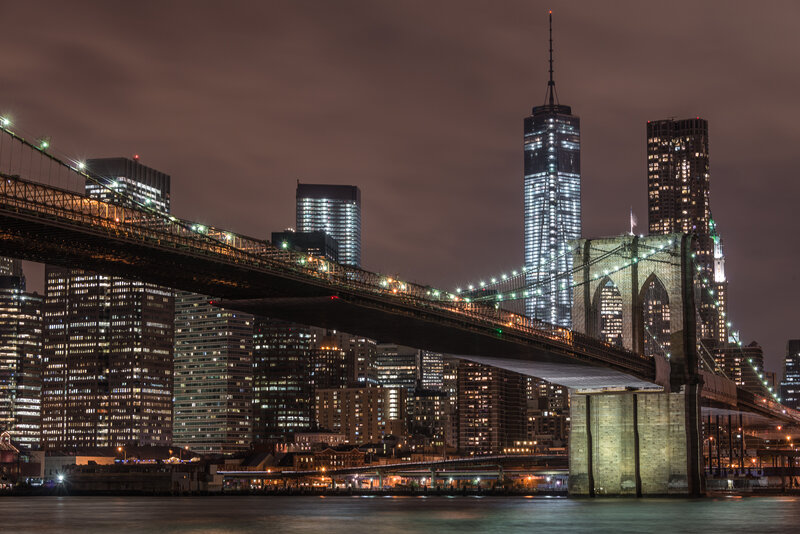 Brooklyn Bridge at Night — Black, Dramatic, Photograph, Skyscrapers