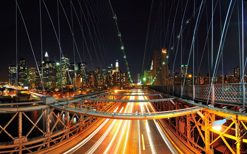 Brooklyn Bridge at Night — Black, Light Trails