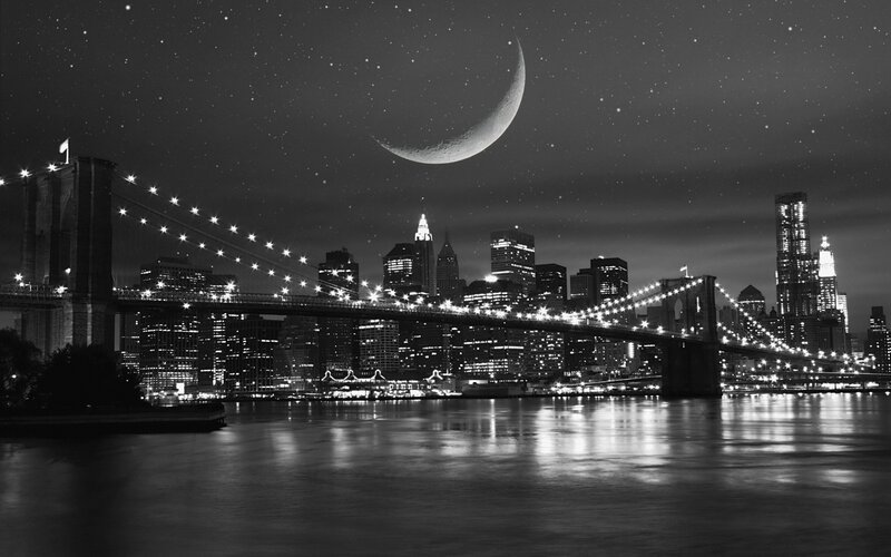 Brooklyn Bridge at Night — Black, Serene, Photograph, City Skyline