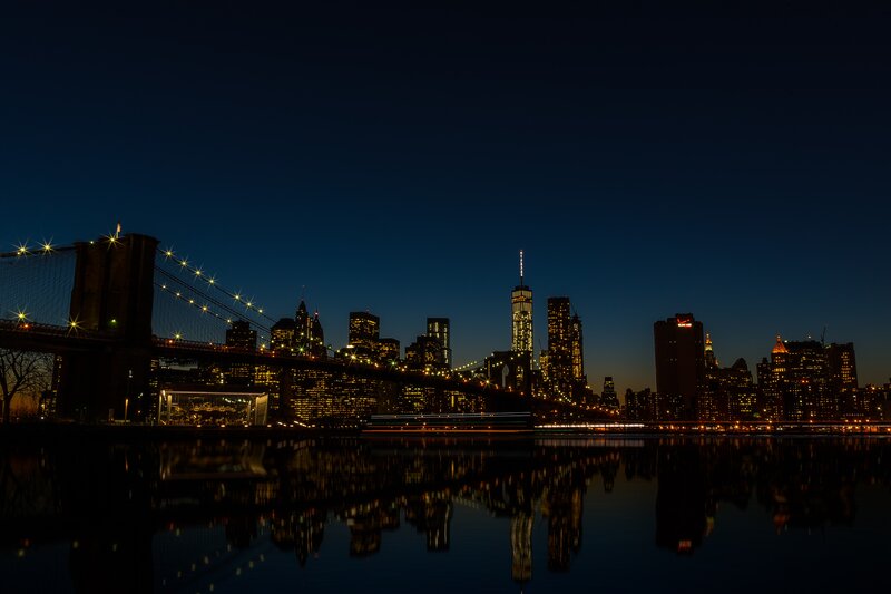 Brooklyn Bridge at Night — Black, Serene, Photograph, Skyscraper