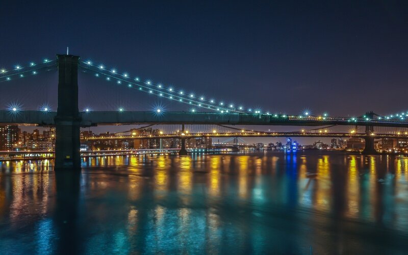 Brooklyn Bridge at Night — Blue, Calm, Photograph, City Skyline, River, Lights