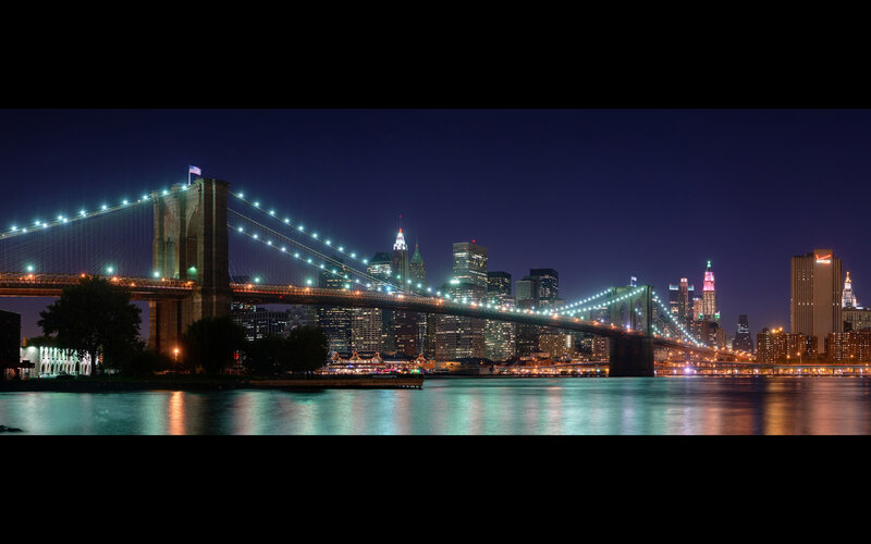 Brooklyn Bridge at Night — Blue, Calm, Photograph, City Skyline, River