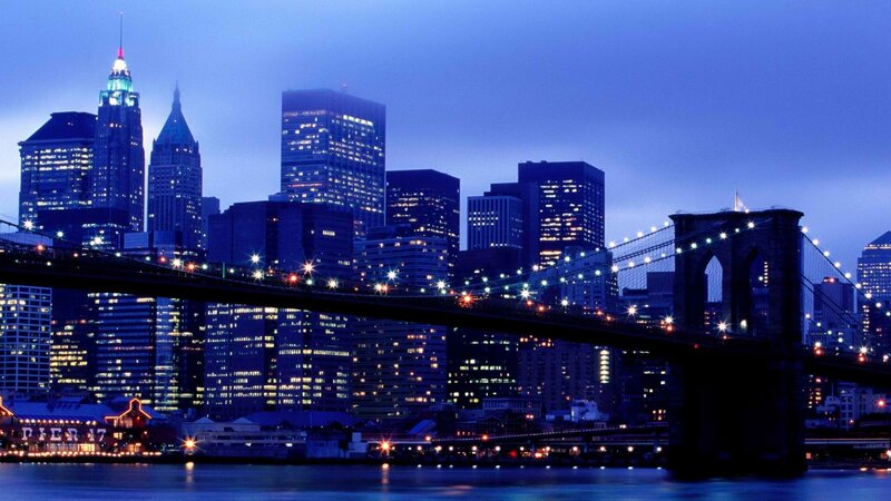 Brooklyn Bridge at Night — Blue, Calm, Photograph, Skyscraper, River, City Lights