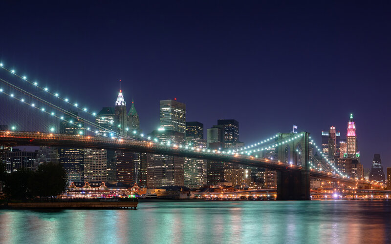 Brooklyn Bridge at Night — Blue, Calm, Photograph