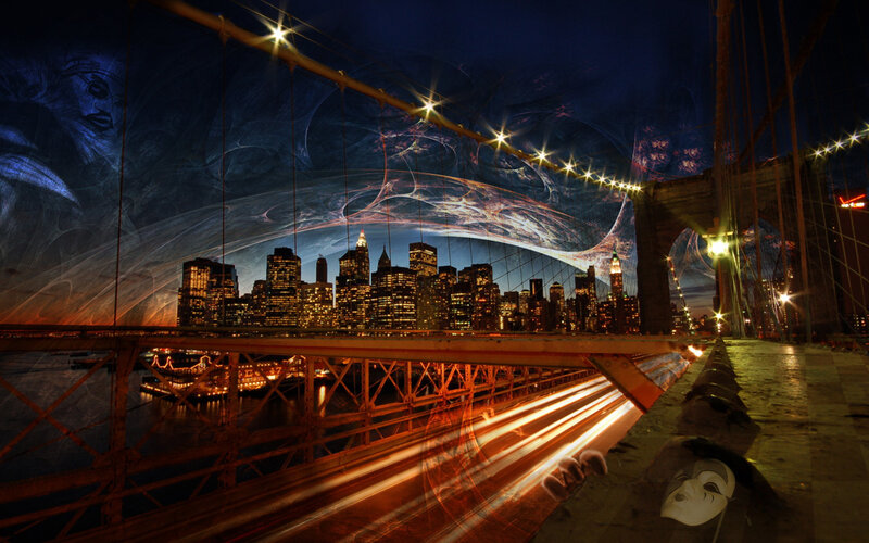 Brooklyn Bridge at Night — Blue, Dramatic, Digital Art