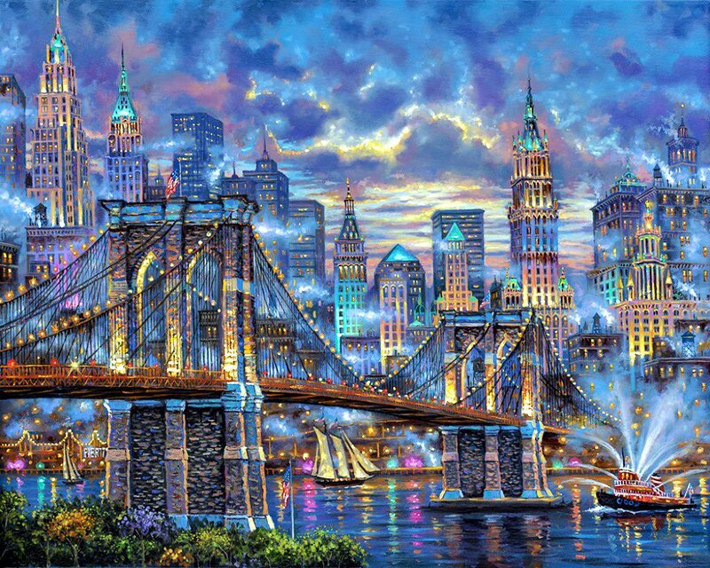 Brooklyn Bridge at Night — Blue, Dramatic, Painting