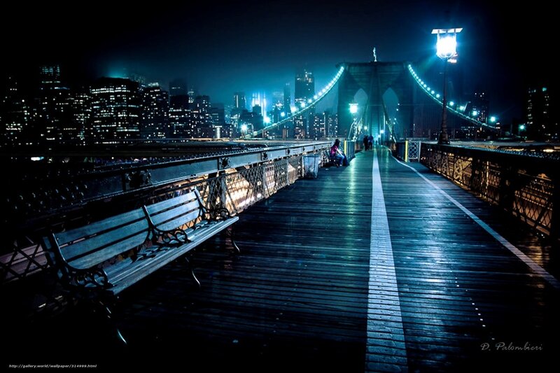 Brooklyn Bridge at Night — Blue, Dramatic, Photograph, City Skyline, Bench