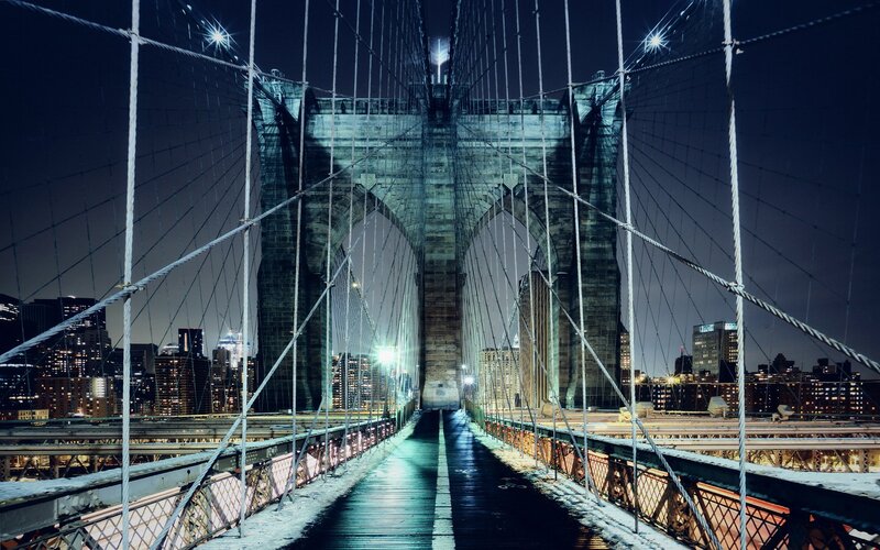 Brooklyn Bridge at Night — Blue, Dramatic, Photograph, City Skyline, Cables, Snow