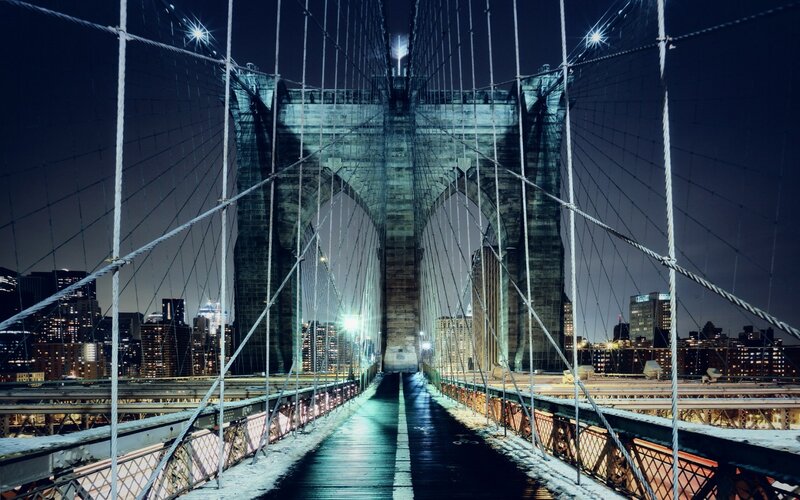 Brooklyn Bridge at Night — Blue, Dramatic, Photograph, City Skyline, Cables