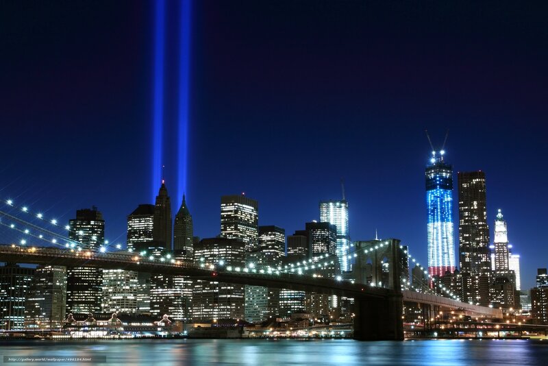 Brooklyn Bridge at Night — Blue, Dramatic, Photograph, City Skyline, Light Beams, River, Black