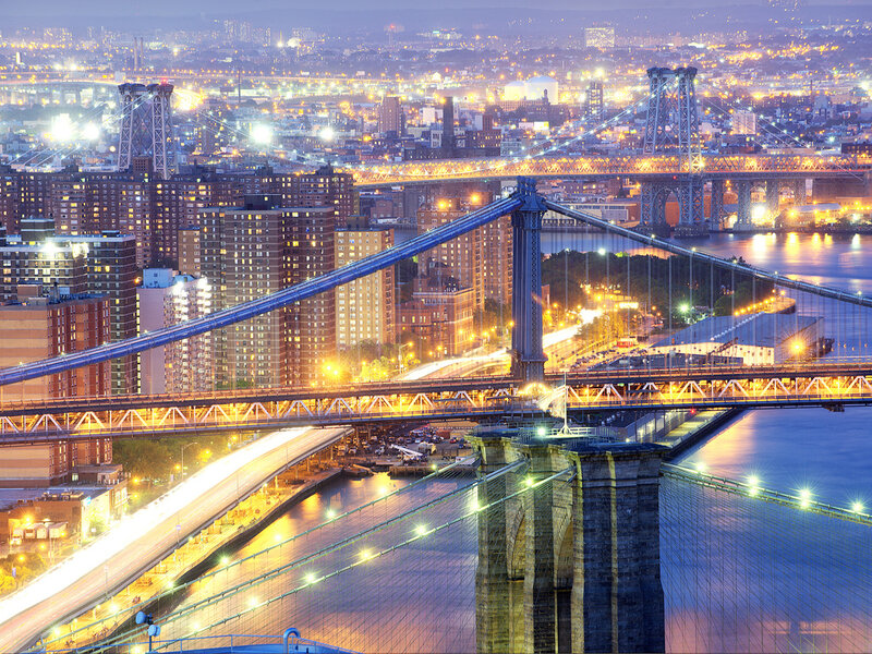 Brooklyn Bridge at Night — Blue, Dramatic, Photograph, City Skyline, Manhattan Bridge