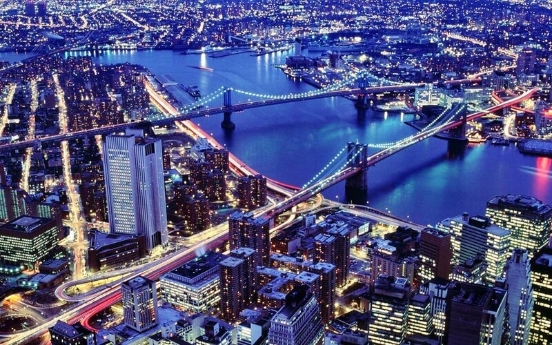 Brooklyn Bridge at Night — Blue, Dramatic, Photograph, City Skyline, River, Bridges