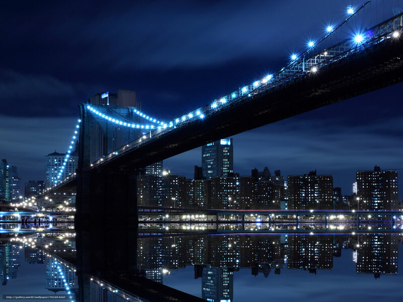 Brooklyn Bridge at Night — Blue, Dramatic, Photograph, City Skyline, River, Buildings