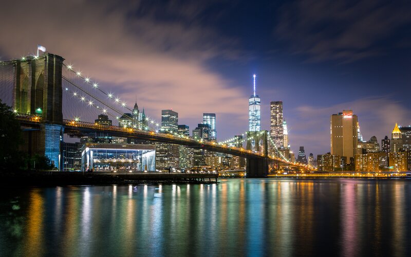 Brooklyn Bridge at Night — Blue, Dramatic, Photograph, City Skyline, River, Carousel
