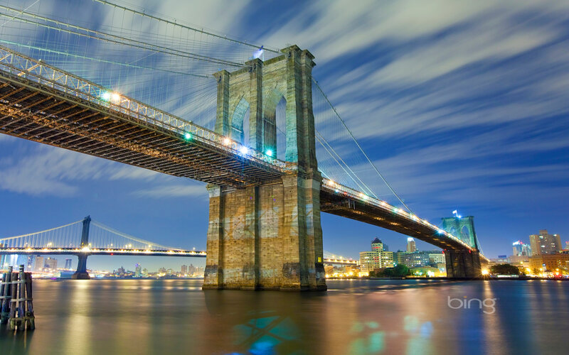 Brooklyn Bridge at Night — Blue, Dramatic, Photograph, City Skyline, River, Clouds