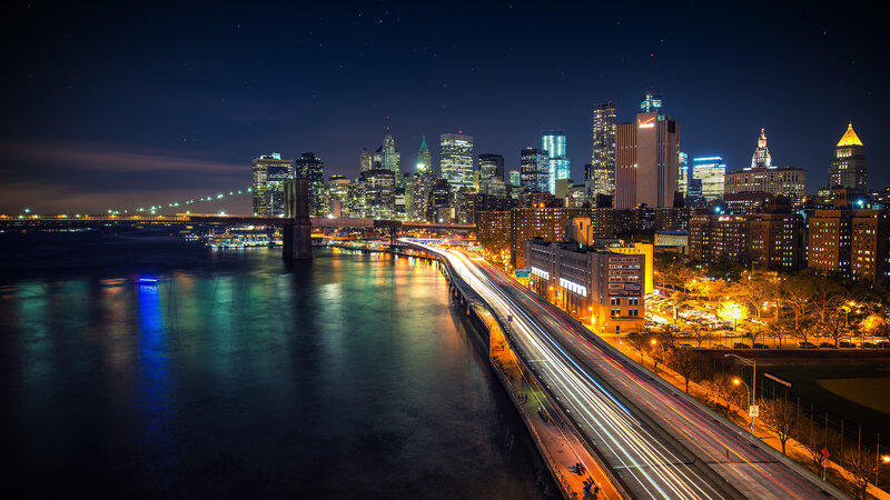 Brooklyn Bridge at Night — Blue, Dramatic, Photograph, City Skyline, River, Highway, Buildings