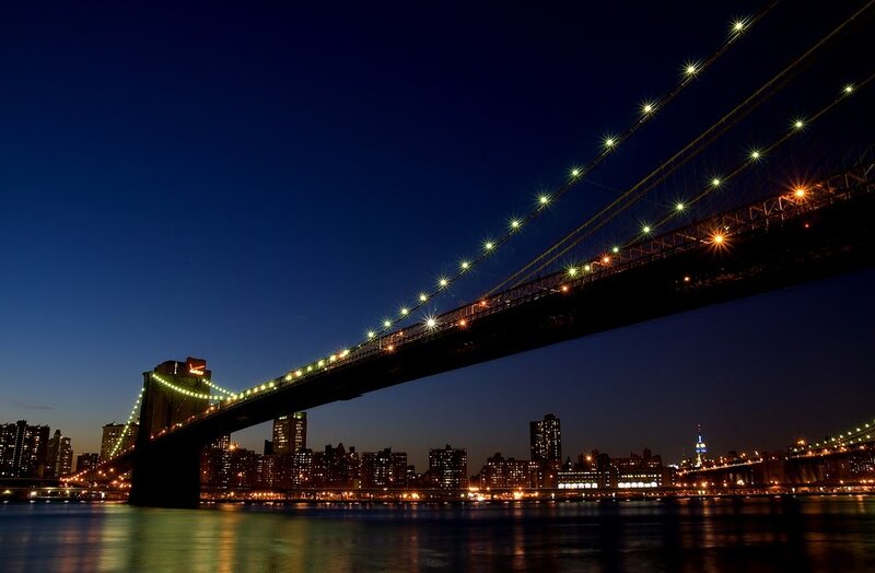Brooklyn Bridge at Night — Blue, Dramatic, Photograph, City Skyline, River, Lights, Black, Yellow