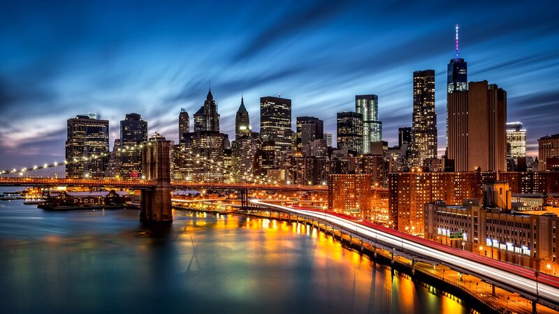 Brooklyn Bridge at Night — Blue, Dramatic, Photograph, City Skyline, River, Skyscrapers, Light Trails