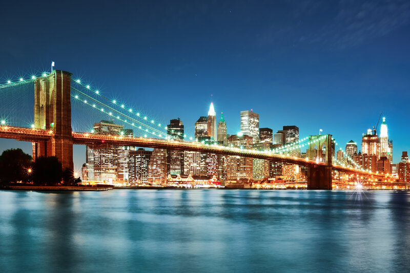 Brooklyn Bridge at Night — Blue, Dramatic, Photograph, City Skyline, River, Skyscrapers