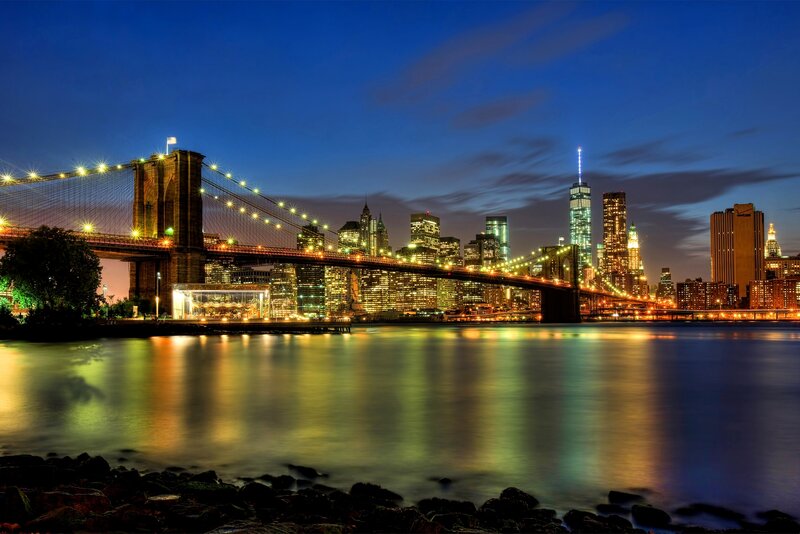 Brooklyn Bridge at Night — Blue, Dramatic, Photograph, City Skyline, River, Skyscrapers, Trees