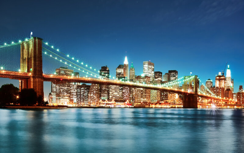 Brooklyn Bridge at Night — Blue, Dramatic, Photograph, City Skyline, River