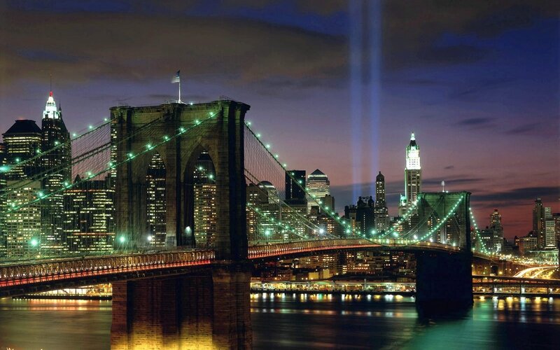 Brooklyn Bridge at Night — Blue, Dramatic, Photograph, City Skyline, Twin Beams