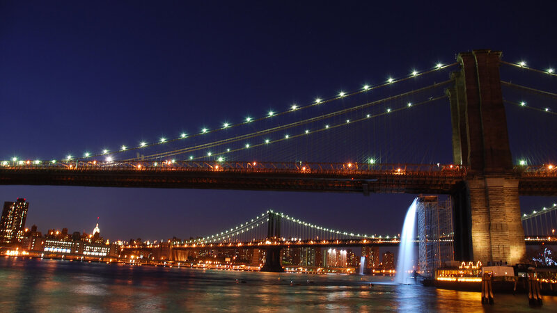 Brooklyn Bridge at Night — Blue, Dramatic, Photograph, Manhattan Skyline